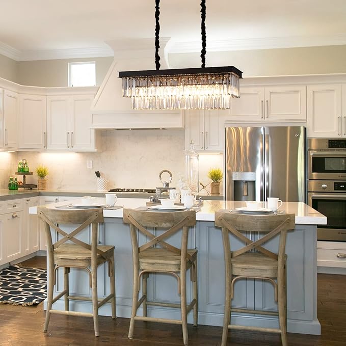 A AXILIXI Crystal Chandelier for Dining Room,Rectangular Black Chandelier Modern Rectangle Pendant Light Fixtures for Kitchen Island L33” K9 Contemporary Long Chandelier