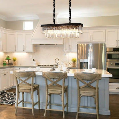 A AXILIXI Crystal Chandelier for Dining Room,Rectangular Black Chandelier Modern Rectangle Pendant Light Fixtures for Kitchen Island L33” K9 Contemporary Long Chandelier