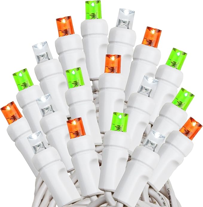 Novelty Lights 25ft Christmas String Lights, 50 Green/Pure White/Orange LED Bulbs on White Wire, 6" Spacing, Connectable Indoor Outdoor Commercial Grade Lighting for Holidays Patio Weddings