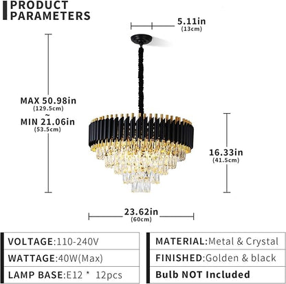 Modern Chandelier Gold and Black Chandeliers 5-Tier Chandelier Crystal Round Hanging Crystal Pendant Light Fixture for Dining Room Bedroom Living Room Foyer Farmhouse W24in 12 Lights