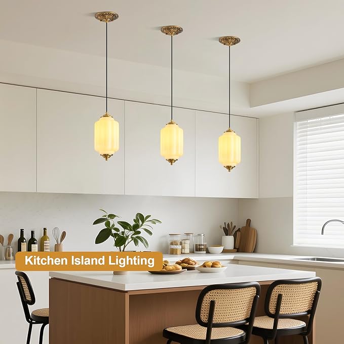 Milk Glass Pendant Light, 5.5in Small Schoolhouse Light Fixture, LED Bulb Included, Vintage Art Deco Chandelier for Kitchen Island Dining Room Bedroom Hallway, White & Antique Gold 1 Pack