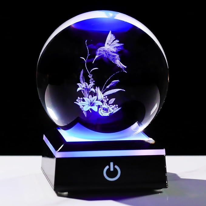Arikyrist 3D Hummingbird Crystal Ball Gifts for Women Men on Christmas Birthday, Laser Engraved Hummingbird Figurine with Light Base, Hummingbird Globe Glass Decorative Ball for Home Office (80mm)