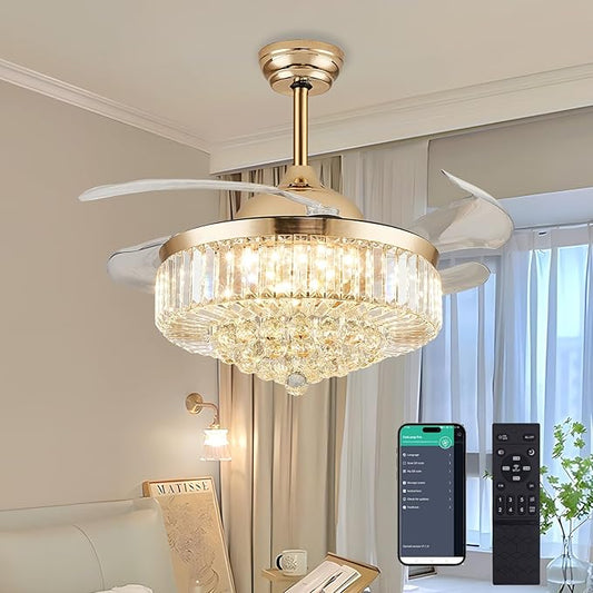 DuMaiWay 48" Dimmable Crystal Ceiling Fan with Light, Fandelier,Chandelier Fan with 4 Retractable Blades LED Remote APP Control for Living Room, Bedroom, Dining Room 6 Speed-Gold