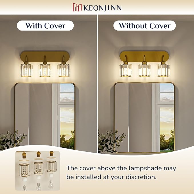 Keonjinn 3-Light Gold Bathroom Light Fixtures, Crystal Bathroom Vanity Lights Over Mirror, Gold Vanity Lighting Fixtures with Crystal Square Shades (E26 Base, Blub Not Included)