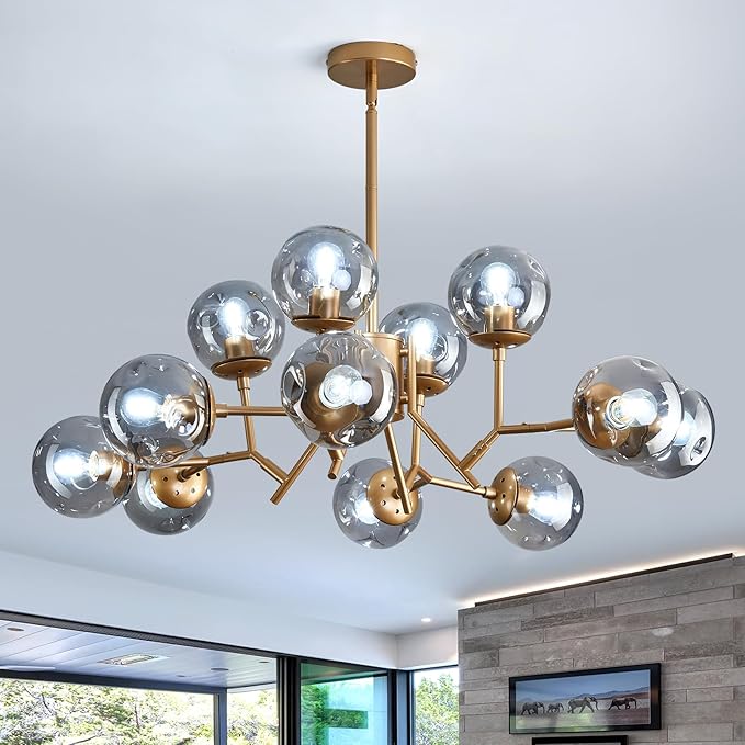 UOFUS 12-Light Glass Globe Sputnik Chandelier Mid-Century Modern Matte Gold Ceiling Light Fixture Vintage Hanging Pendant Light for Bedroom Living Room Kitchen Farmhouse Dining Room