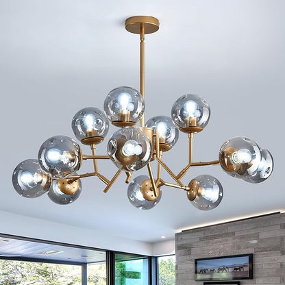 UOFUS 12-Light Glass Globe Sputnik Chandelier Mid-Century Modern Matte Gold Ceiling Light Fixture Vintage Hanging Pendant Light for Bedroom Living Room Kitchen Farmhouse Dining Room