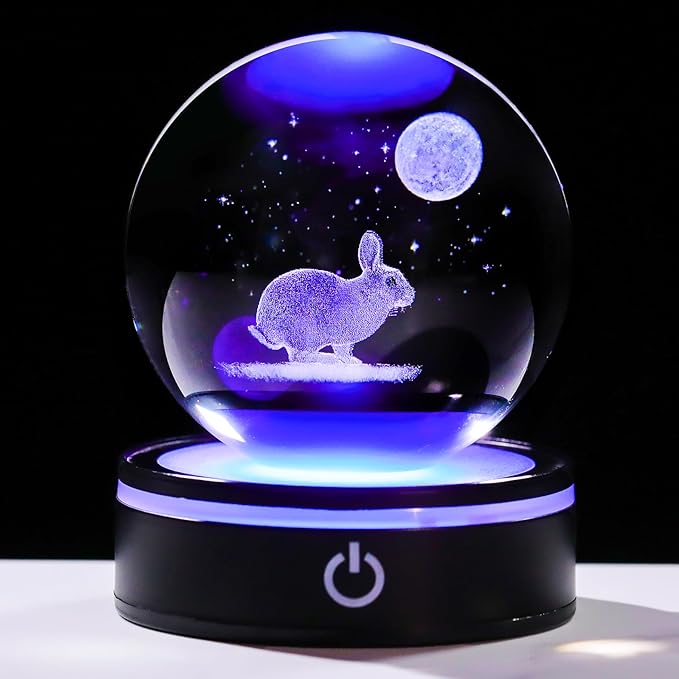 YWHL 3D Crystal Ball Moon Rabbit Figurine with Colorful LED Base, Bunny Gifts for Women Men on Birthday Christmas Rabbits Statue Glass Animal Bunny Statue Night Light for Home Decor (80mm)