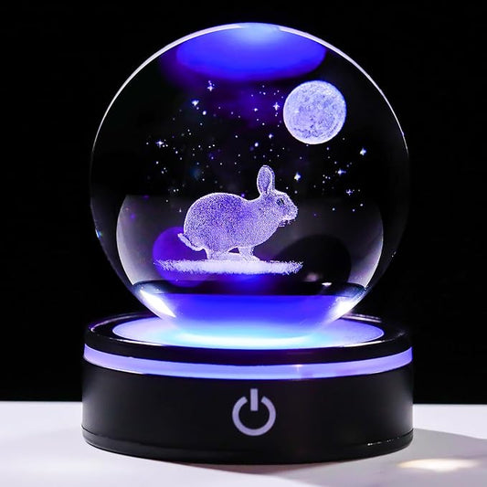 YWHL 3D Crystal Ball Moon Rabbit Figurine with Colorful LED Base, Bunny Gifts for Women Men on Birthday Christmas Rabbits Statue Glass Animal Bunny Statue Night Light for Home Decor (80mm)