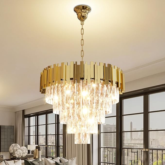 Modern Crystal Chandeliers, 24" Gold Adjustable Height Pendant Light, 5-Tier Round Crystal Ceiling Chandelier for High Ceiling, Foyer, Living Room, Staircase, Dining Room