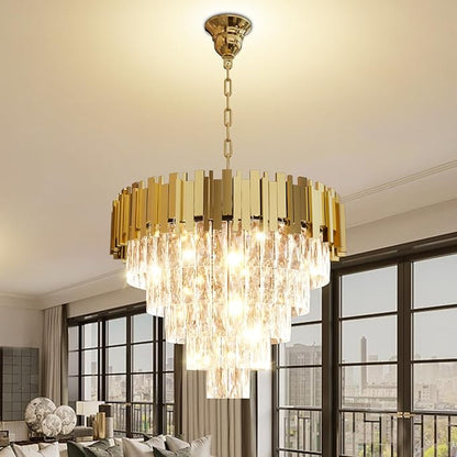 Modern Crystal Chandeliers, 24" Gold Adjustable Height Pendant Light, 5-Tier Round Crystal Ceiling Chandelier for High Ceiling, Foyer, Living Room, Staircase, Dining Room
