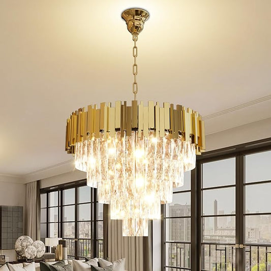 Modern Crystal Chandeliers, 24" Gold Adjustable Height Pendant Light, 5-Tier Round Crystal Ceiling Chandelier for High Ceiling, Foyer, Living Room, Staircase, Dining Room