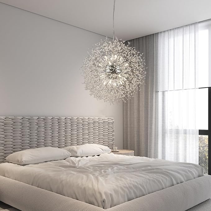Modern Dandelion Chandeliers 16-Light, Sputnik Crystal Hanging Lamp, Large Chrome Lighting, Round Firework Pendant Light for Kitchen Island Farmhouse Bedroom Living Room (Chrome, D31.4inch)