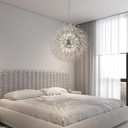 Modern Dandelion Chandeliers 16-Light, Sputnik Crystal Hanging Lamp, Large Chrome Lighting, Round Firework Pendant Light for Kitchen Island Farmhouse Bedroom Living Room (Chrome, D31.4inch)
