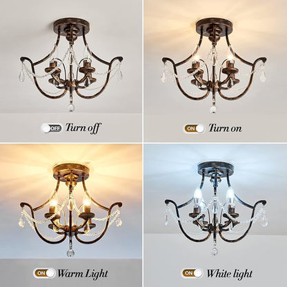 UOFUS Vintage Semi Flush Mount Crystal Chandelier Oil Rubbed Bronze 4-Light Small Metal Ceiling Light Fixture Farmhouse Ceiling Lamp for Foyer Kitchen Entryway Hallway Bathroom Bedroom Dining Room