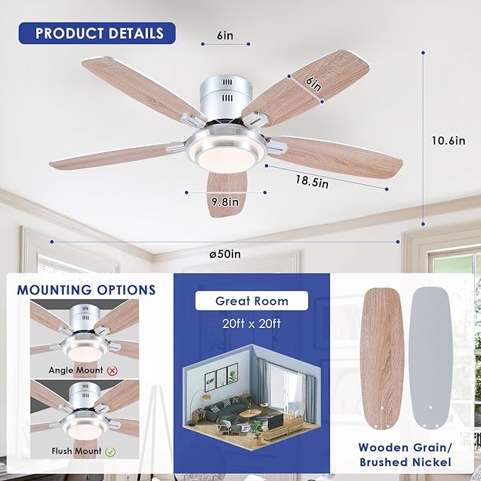 Hounberi 50 Inch Low Profile Ceiling Fans with Lights and Remote, Modern Flush Mount Brushed Nickel Ceiling Fan, 3CCT, Dimmable, Quiet DC Reversible Motor, for Bedroom Living Room Indoor/Outdoor Use