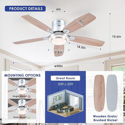 Hounberi 50 Inch Low Profile Ceiling Fans with Lights and Remote, Modern Flush Mount Brushed Nickel Ceiling Fan, 3CCT, Dimmable, Quiet DC Reversible Motor, for Bedroom Living Room Indoor/Outdoor Use