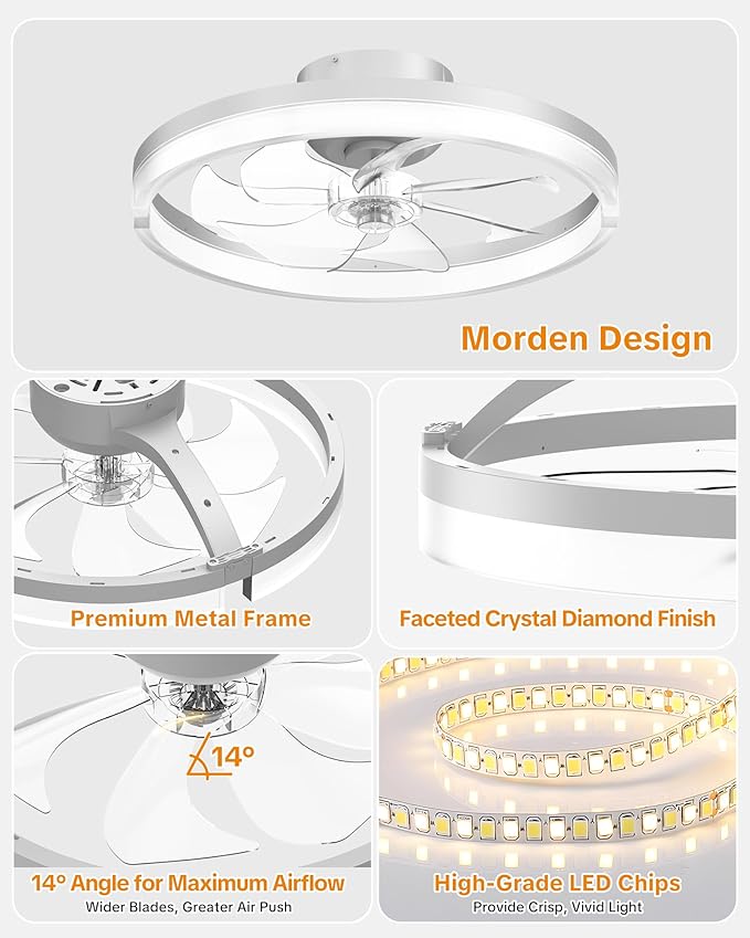 Ceiling Fans with Lights and Remote Low Profile Flush Mount LED Ceiling Fan with Lights 3000K-6500K Dimmable Foldable Fandelier Light 6 Wind Speeds Night Light for Bedroom Living Room White (Frosted)