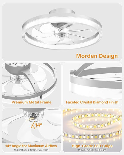 Ceiling Fans with Lights and Remote Low Profile Flush Mount LED Ceiling Fan with Lights 3000K-6500K Dimmable Foldable Fandelier Light 6 Wind Speeds Night Light for Bedroom Living Room White (Frosted)