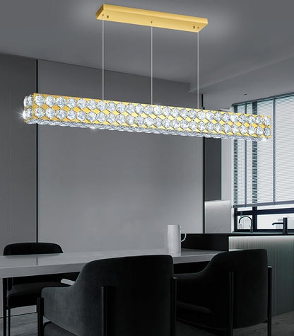 47'' Modern Crystal Chandelier for Dining Room Ceiling Light Fixture for Living Room Hallway Lighting LED Dimmable with Remote Gold