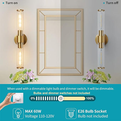 Gold Wall Sconce, Bathroom Light Fixtures in Clear Glass Indoor Wall Sconces, Modern Sconce Wall Lighting Up and Down Vanity Lights Fixtures for Bathroom,Living Room - Bulb Not Included