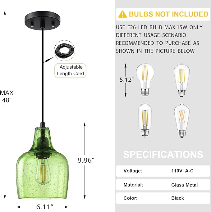 2 Pack 1 Light Indoor Hanging Kitchen Island Pendant Ceiling Light 6.1" Green Glass Fixture,Black Finish for Farmhouse Over Sink Bedroom Hallway