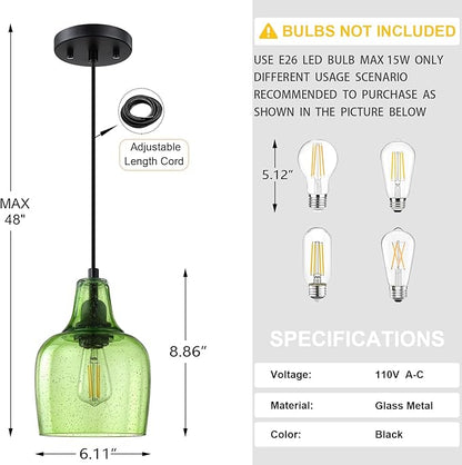 2 Pack 1 Light Indoor Hanging Kitchen Island Pendant Ceiling Light 6.1" Green Glass Fixture,Black Finish for Farmhouse Over Sink Bedroom Hallway
