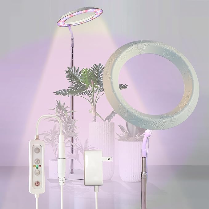 Qux 10” Halo Pro Grow Light,Full Spectrum LED Freestanting Plant Grow Lamp for Indoor Larger Plants with 3 Kind of Light Colors switchover & 10-Level Dimmable,Auto On Off Timing 4/8/12Hrs (Relief)