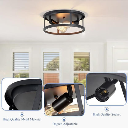 2 Pack Flush Mount Ceiling Light,13 Inch Industrial Farmhouse Ceiling Light Fixture,2-Light Matte Black Flush Mount Light Fixture for Kitchen Dining Room Entryway Hallway,E26 Base