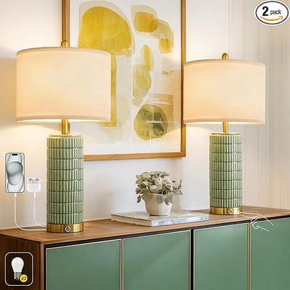 PoKat 25'' Bedside Table Lamps Set of 2 for Living Room with USB A&C Ports, Touch Lamps with 3-Way Dimmable Control for Bedroom, Farmhouse Green Lamps for Nightstand Office Hallway (Bulbs Included)