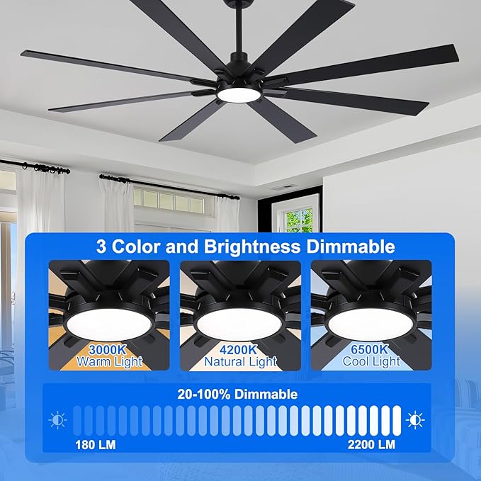 72 Inch Ceiling Fans with Lights and Remote, Black Large Ceiling Fan for Bedroom Living Room Indoor/Outdoor, Quiet 6 Speed Reversible DC Motor, 3CCT, Downrod, Dual Color 8 Blades, ETL Listed