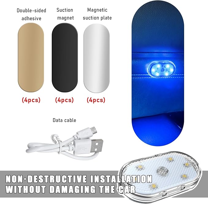 KVAEY 4 PCS Car LED Lights Interior Wireless, 7 Colors Magnetic Auto Ambient Light with 6 Bright LED Lamp Beads, Portable USB Rechargeable Vehicle Interior Led Night Light (Colorful, Magnetic, 4pcs)