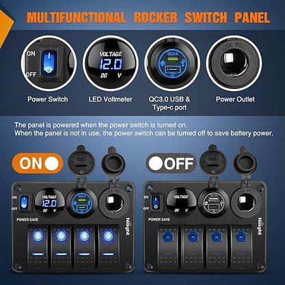 Nilight 4 Gang Rocker Switch Panel Waterproof Pre-Wired Aluminum Power Control Marine Panels with PD Type C and USB Cigarette Lighter Socket Voltmeter 12V 24V ON Off Switches for Car Trucks Boats RVs