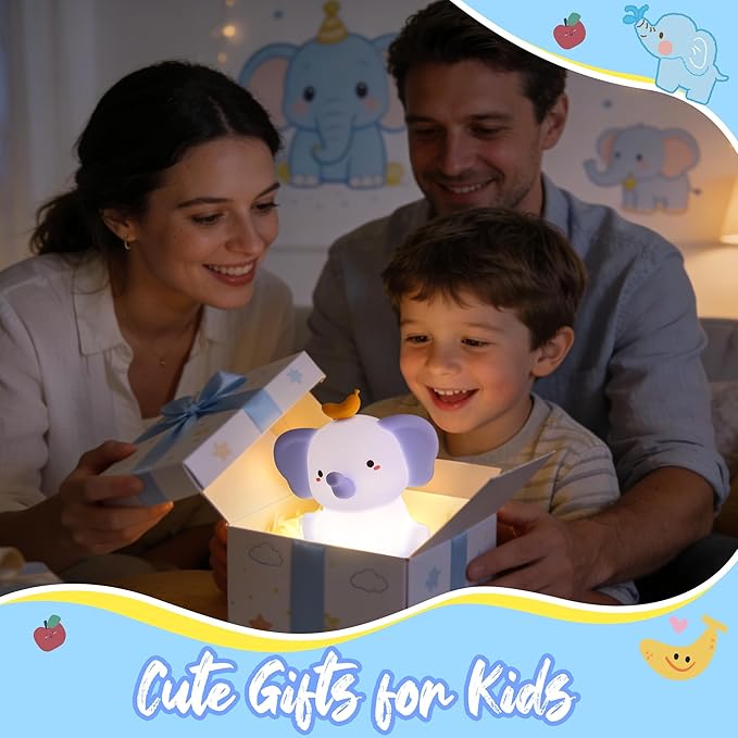 Attivolife Elephant Night Light, Cute Elephant Squishy Silicone Touch Lamp, Nursery Bedside Room Decor Rechargeable Nightlight with Dimmable Timer, Birthday Xmas Gifts for Toddler Kid Boy Tee (Blue)