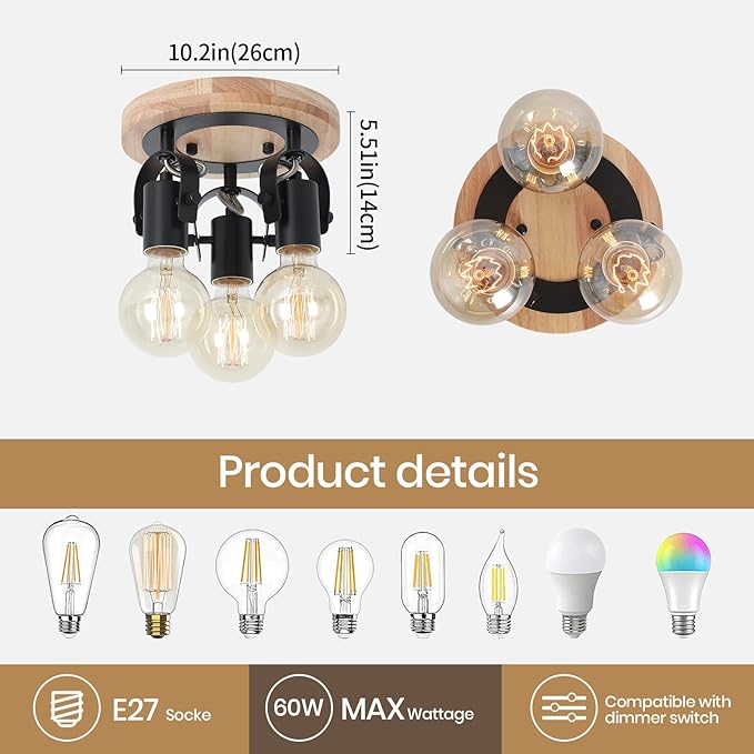 3-Light Round Flush Mount Ceiling Light，Rustic Ceiling Track Lighting with Wooden Base, Adjustable Multi-Directional Kitchen Light fixtures for Dining Room Hallway Entryway Bedroom.
