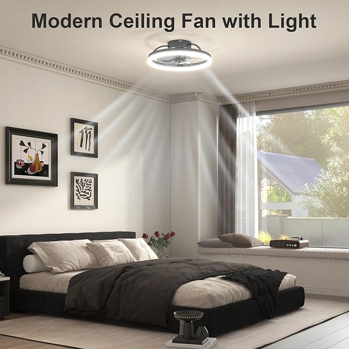 VOLISUN Low Profile Ceiling Fan with Lights and Remote, 15.7in Bladeless Ceiling Fans with Light Flush Mount, 3000K-6500K Dimmable Modern LED Fan Light, Black Fandelier Ceiling Fans for Bedroom