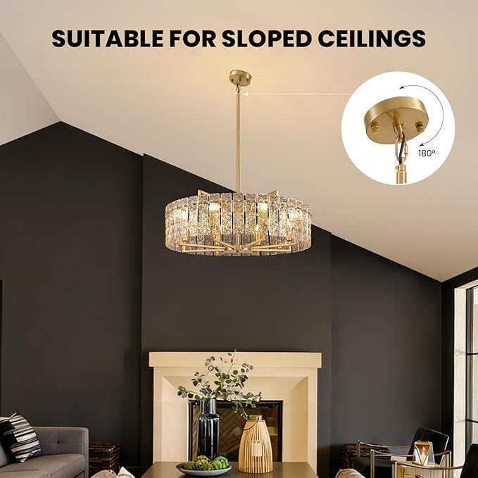 31.5" Modern Water Ripple Glass Chandeliers, Luxury 8-Light Round Drum Chandelier, Large Gold Pendant Lighting Fixtures for Living Room Dining Room Bedroom Hotel