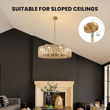 31.5" Modern Water Ripple Glass Chandeliers, Luxury 8-Light Round Drum Chandelier, Large Gold Pendant Lighting Fixtures for Living Room Dining Room Bedroom Hotel