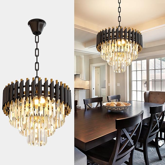 Modern Black Crystal Chandelier, 16" 5-Light Round Chandelier,3 Tiers Ceiling Pendant Light, Adjustable Hanging Chandeliers for Dining Room, Foyer, Living Room, Staircase