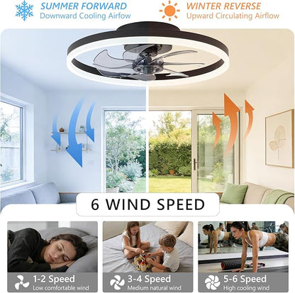 20" Low Profile Ceiling Fans with Lights and Remote & APP, Dimmable 3000-6500K LED Fandelier Ceiling Fan with Light, Modern Flush Mount Ceiling Fan Light for Living Room, Bedroom and Kitchen
