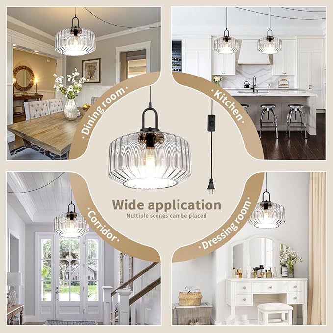 Plug in Hanging Pendant Light Bedroom Plug in Pendant Lamp Globe Hanging Lights with Plug in Cord Kitchen Mid Century Modern Ceiling Light fixtures Clear Striped Glass Swag Lights