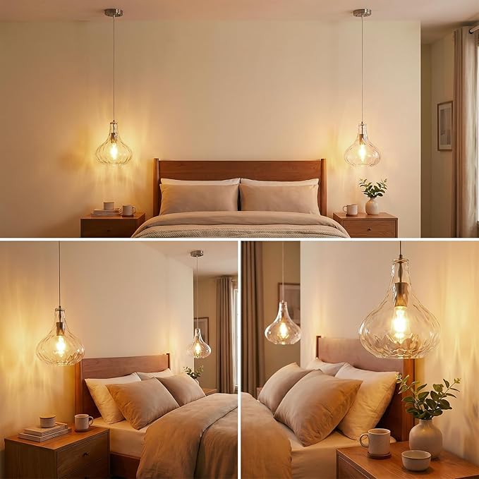 Modern Glass Pendant Light 9.44 in Clear Hammered Glass Shade Brushed Nickel Farmhouse Island Pendant Lights for Kitchen Pendant Lighting Over Sink Bedroom Dining Room