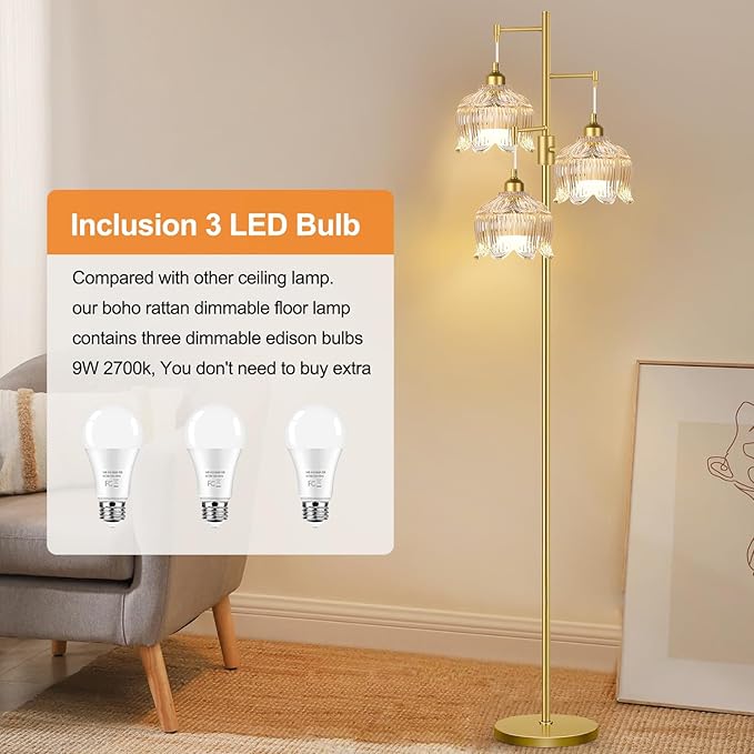 Dimmable Floor Lamps for Living Room Bedroom-3 Light Gold Floor Lamp with Glass Lampshape, Flower Tall Lamp Mid Century Modern Standing Lamp Glass Tree Floor Lamps for Living Room Bedroom,Corner