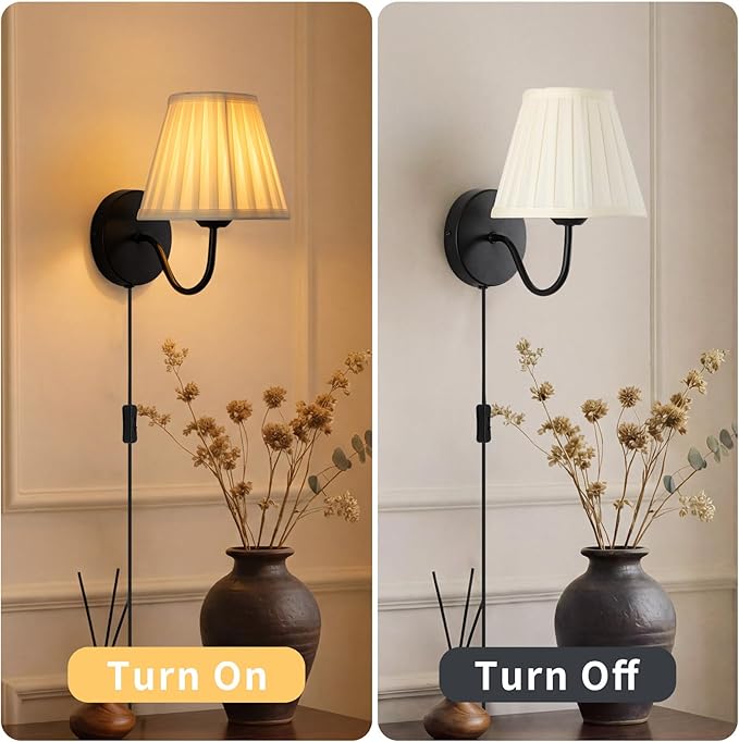 Plug in Wall Sconces with White Fabric Shades, Black Wall Sconces Set of Two, Modern Wall Lighting Fixture with On/Off Switch, Indoor Corded Wall Lamp for Bedroom, Living Room, Hallway, Bedside