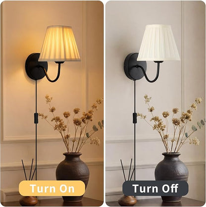 Plug in Wall Sconces with White Fabric Shades, Black Wall Sconces Set of Two, Modern Wall Lighting Fixture with On/Off Switch, Indoor Corded Wall Lamp for Bedroom, Living Room, Hallway, Bedside