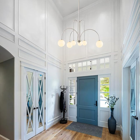 Brushed Nickel Sputnik Chandelier,Modern 6 Lights Chandelier Large L40”Mid Century Long Ceiling Pendant Light Fixtures for Dining Room with Milk Glass Globe Shades for High Ceiling Foyer Living Room