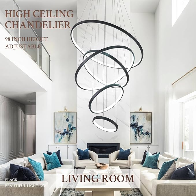 5 Ring Modern LED Chandelier Dimmable Black High Ceiling Chandeliers for Foyer, LED Contemporary Large Pendant Lighting with Remote Control Circular for Living Room Staircase, 3000K-6500K
