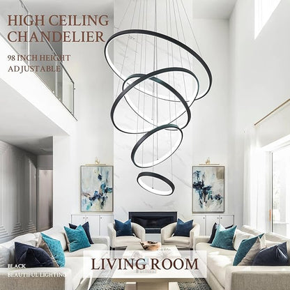 5 Ring Modern LED Chandelier Dimmable Black High Ceiling Chandeliers for Foyer, LED Contemporary Large Pendant Lighting with Remote Control Circular for Living Room Staircase, 3000K-6500K