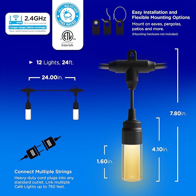 Enbrighten Vibe Modern Outdoor String Lights, 24ft, 12 RGBWIC Acrylic Bulbs, Weatherproof, Perfect for Gameday, Holidays, and More, Smart App Control, Compatible with Alexa, Google Home, 84014