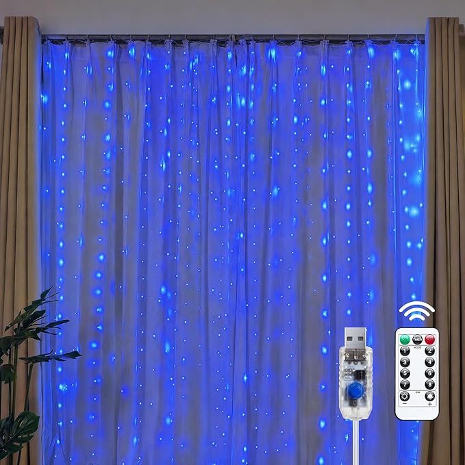 Brightown 300 LED Blue Fairy Curtain Lights, 9.8ft x 9.8ft String Lights, USB Plug in 8 Lighting Modes Christmas String Hanging Lights with Remote for Bedroom Indoor Outdoor Party Xmas Blue 1 Pack