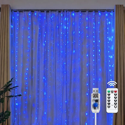 Brightown 300 LED Blue Fairy Curtain Lights, 9.8ft x 9.8ft String Lights, USB Plug in 8 Lighting Modes Christmas String Hanging Lights with Remote for Bedroom Indoor Outdoor Party Xmas Blue 1 Pack